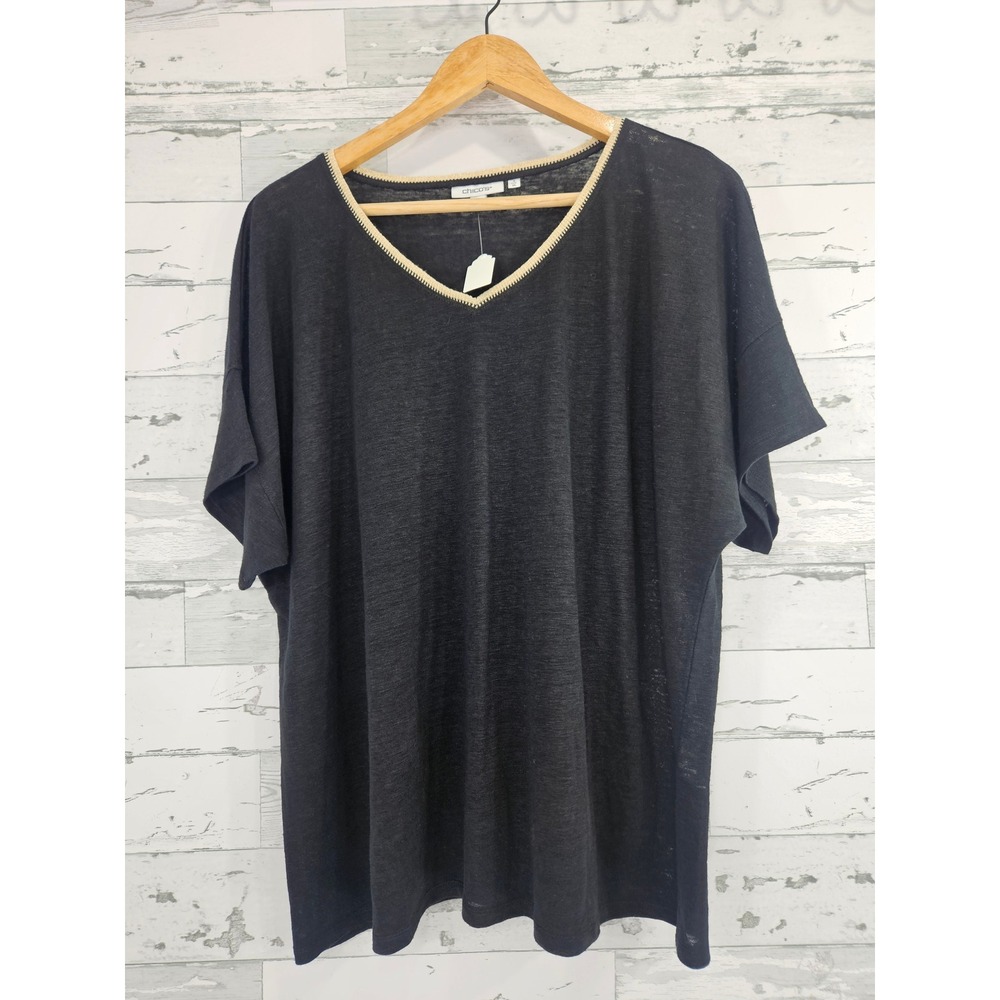 Chicos Women XL Black 100% Linen V-Neck Top Gold Metallic Trim Short Sleeve